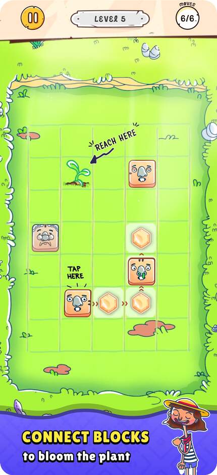 Bloom gameplay: connect blocks on a grid to bloom the plant