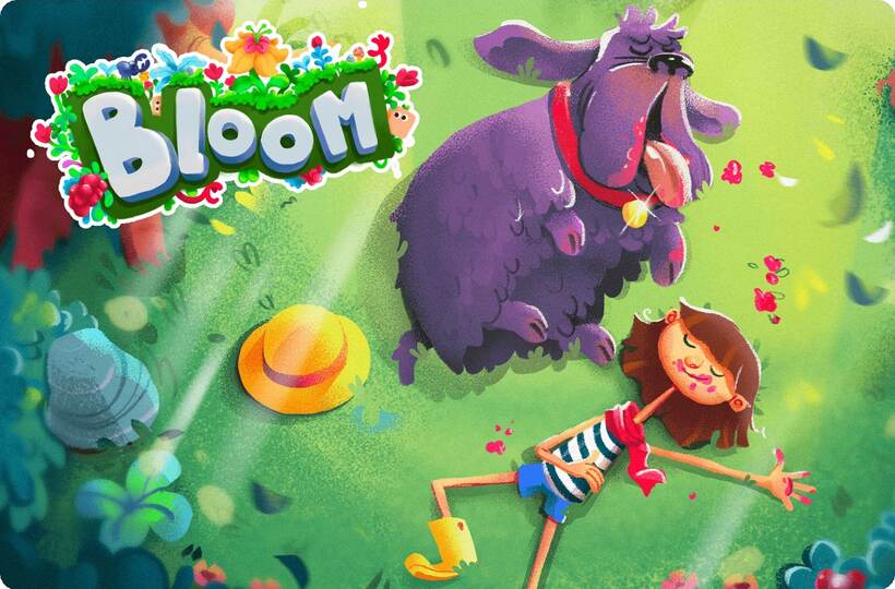Bloom key art: a girl lying in the grass beside a large purple creature