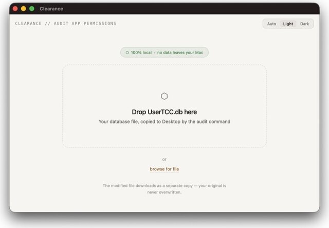 Clearance waiting for a database file, with a reminder that nothing leaves the Mac
