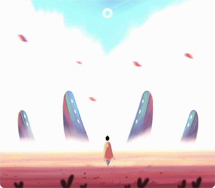 Mellow concept art: a lone figure walking a red plain beneath tall stones