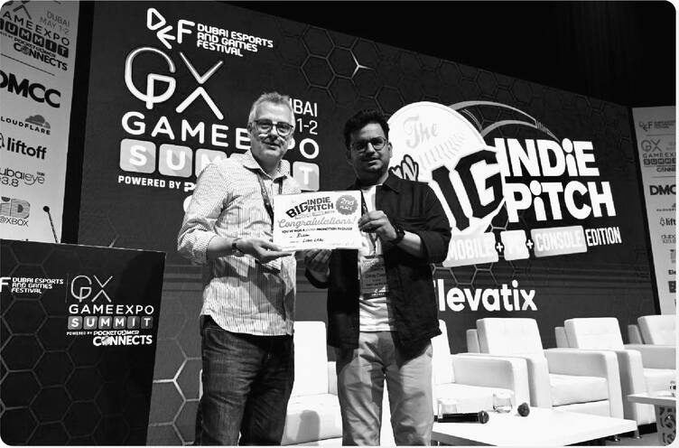 Receiving the Big Indie Pitch certificate at GameExpo Summit in Dubai