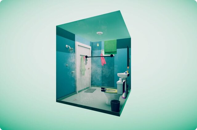 Possessions puzzle level: a teal bathroom rendered as an open diorama