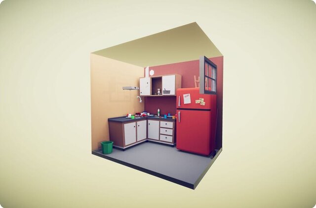 Possessions puzzle level: a kitchen diorama with a red refrigerator