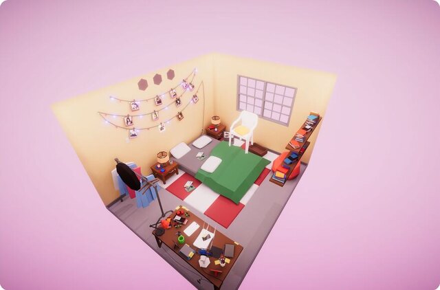 Possessions puzzle level: a pink bedroom diorama with photographs strung along the wall