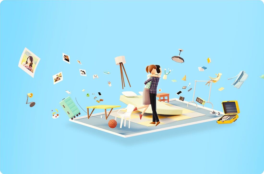 Possessions key art: a character standing on a floating room slice with objects drifting around her
