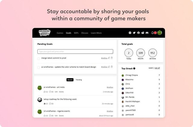 wemake.games goals screen: share daily goals and track streaks with other game makers