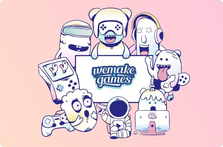 wemake.games illustration: a crowd of cartoon creatures holding the wemake games logo