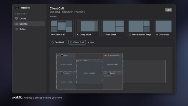 Workflo scenes: preset layouts for a client call, deep work or a dev desk, and a map of which apps open on apply