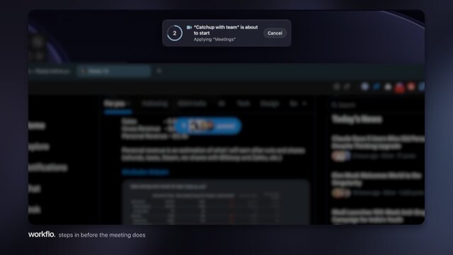 Workflo countdown: a notification offering to stage the workspace before a meeting starts