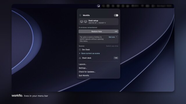 Workflo in the macOS menu bar: the current desk, 8 windows remembered, and a Restore Now button