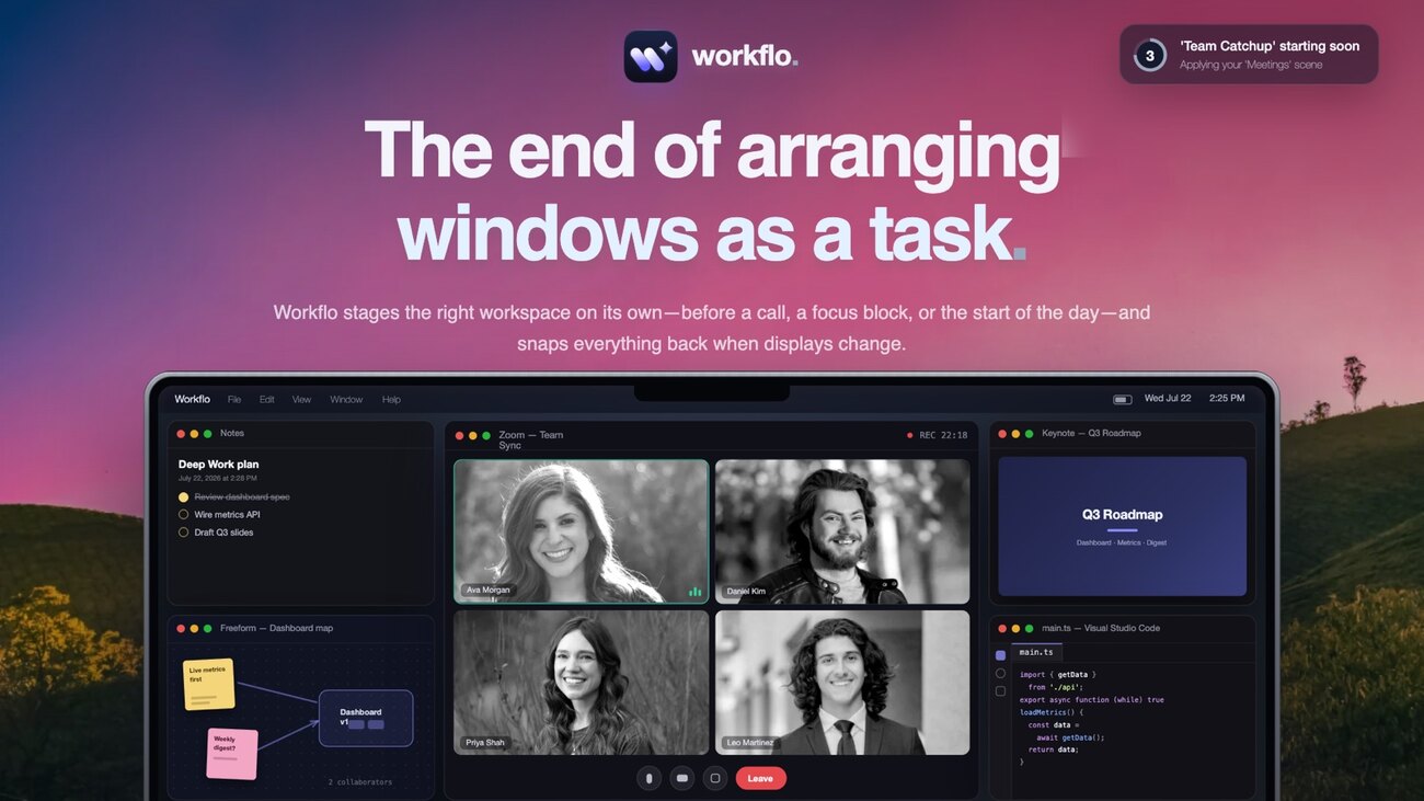 Workflo: a MacBook staging notes, a video call, a keynote and an editor into one layout, with a countdown offering to apply the Meetings scene